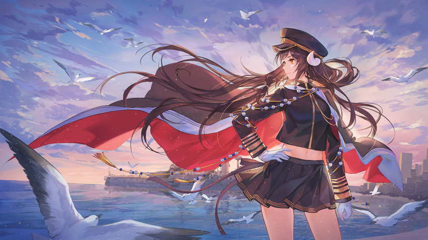 1girl, animal, artist_name, azur_lane, battleship, bird, black_shirt, black_skirt
