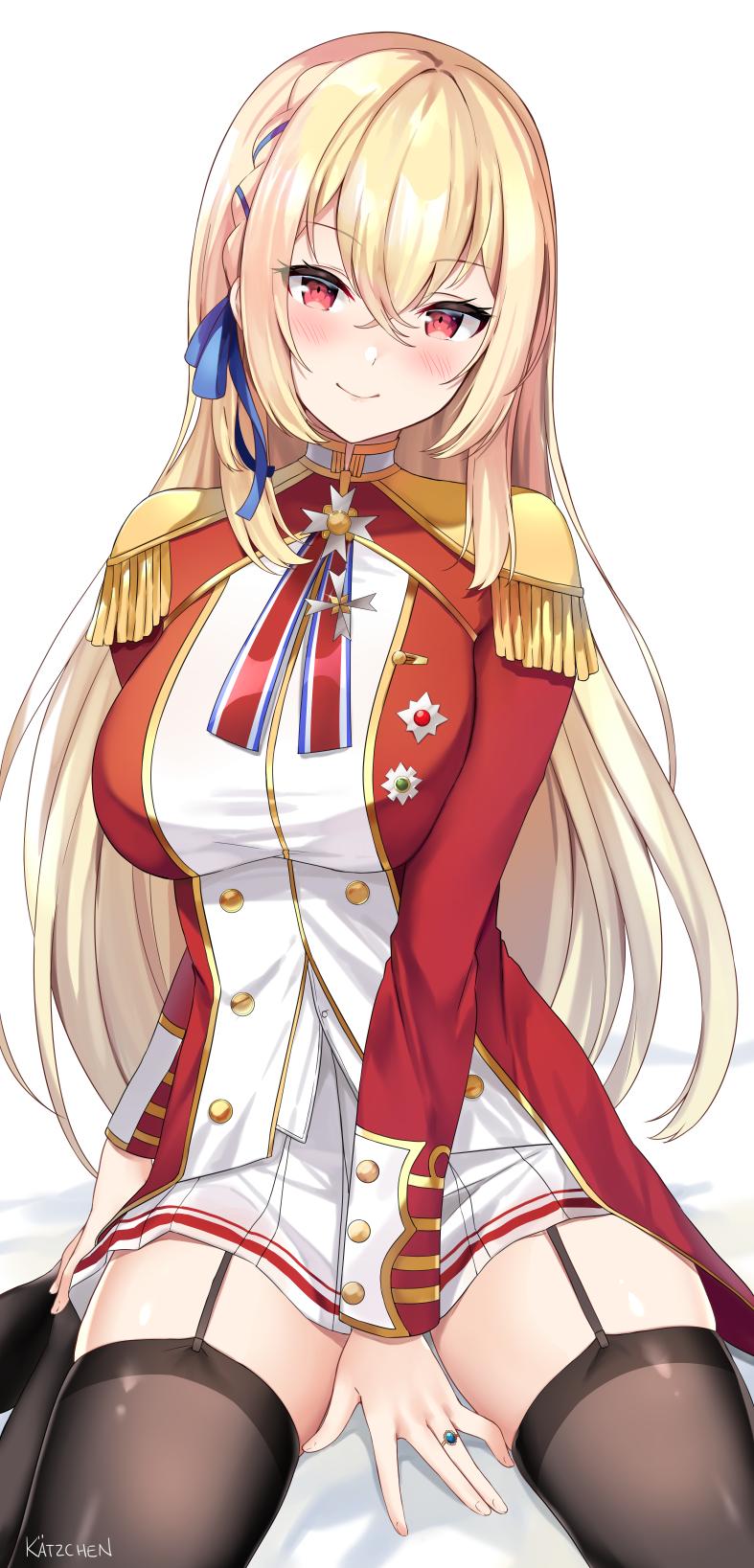 1girl, artist_name, azur_lane, bangs, bed_sheet, black_legwear, blonde_hair, blue_ribbon