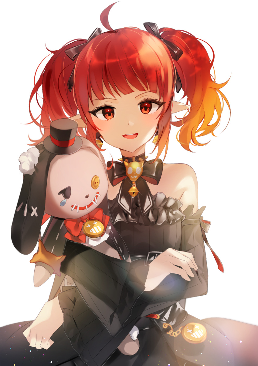 1girl, absurdres, ahoge, bangs, bare_shoulders, bell, black_bow, black_dress