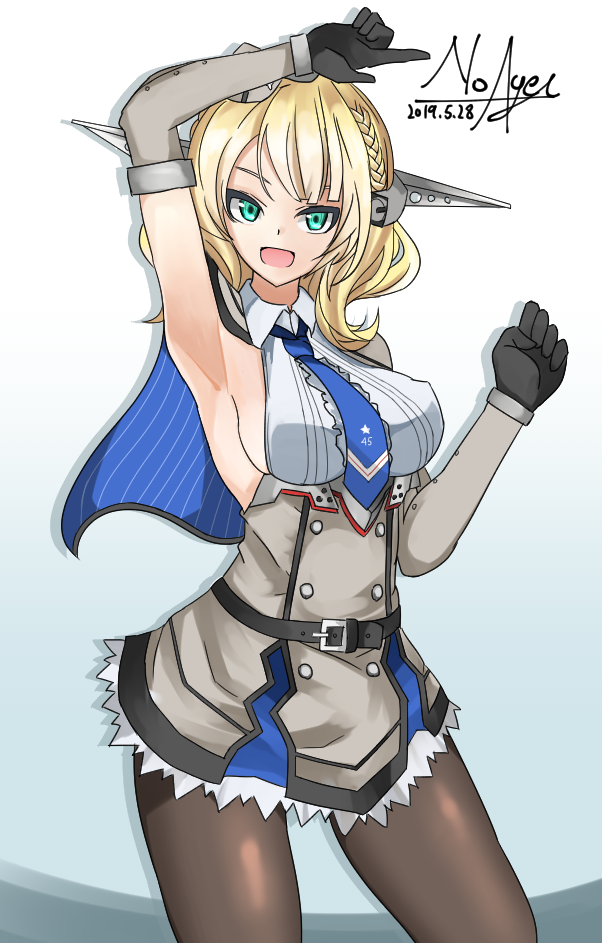 1girl, armpits, black_gloves, black_legwear, blonde_hair, blue_eyes, blue_neckwear, breasts