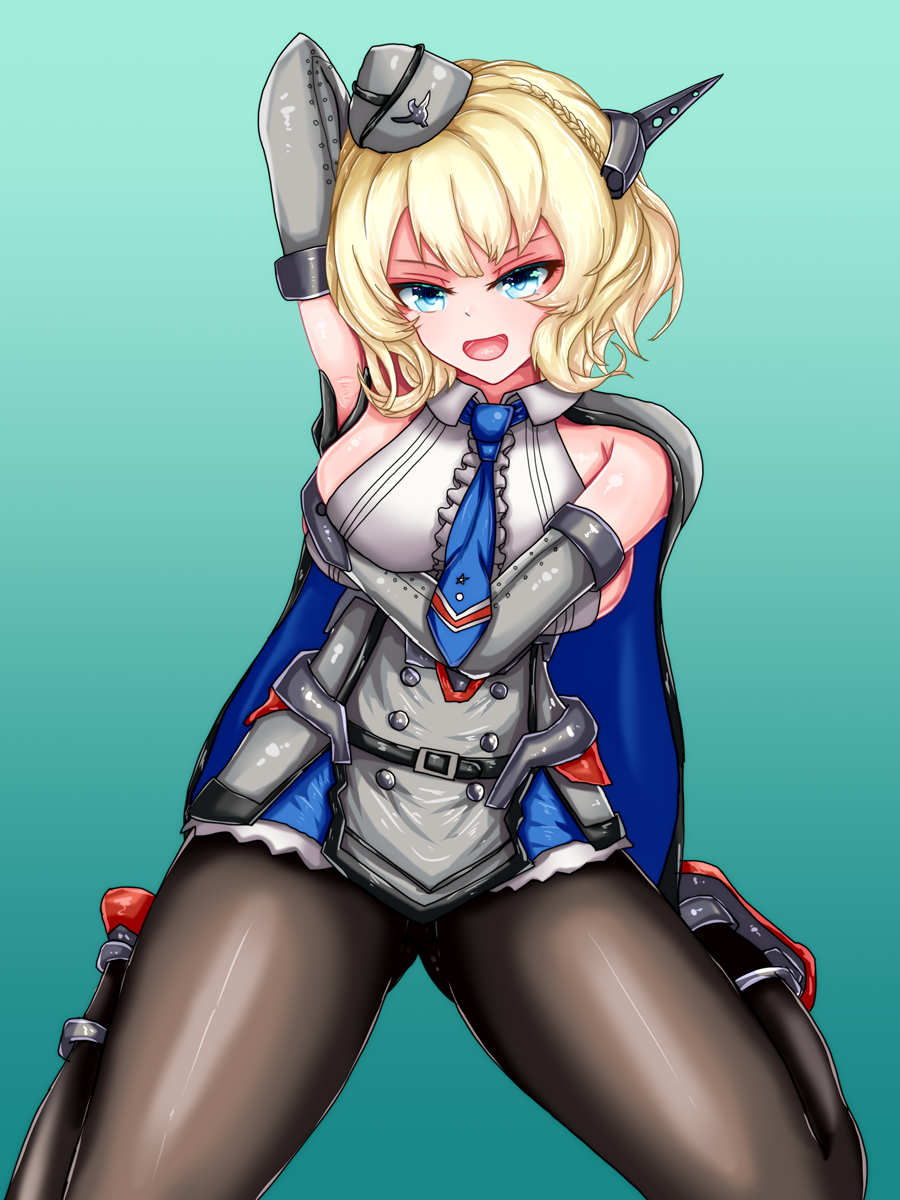 1girl, arm_up, black_legwear, blonde_hair, blue_eyes, blue_neckwear, breasts, capelet, colorado_(kantai_collection), commentary_request, double_zeta, dress, eyebrows_visible_through_hair, garrison_cap, gradient, gradient_background, green_background, grey_dress, grey_headwear, hat, headgear, highres, kantai_collection, large_breasts, necktie, open_mouth, pantyhose, short_hair, sideboob, sitting, solo, wariza