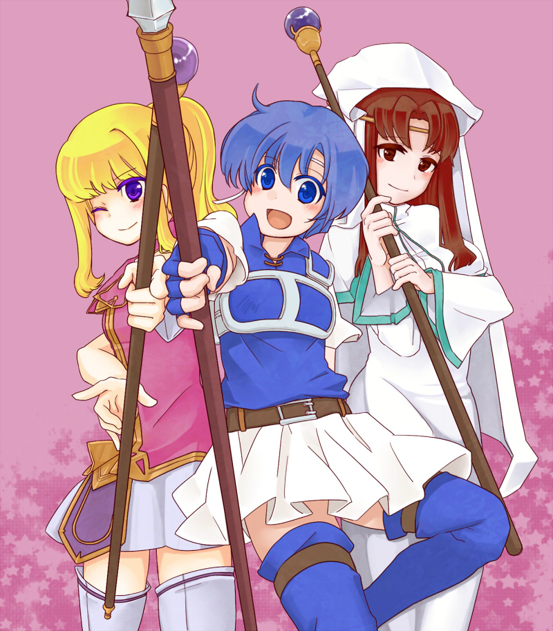 3girls, akamimigame, armor, blonde_hair, blue_eyes, blue_hair, blue_legwear, brown_eyes