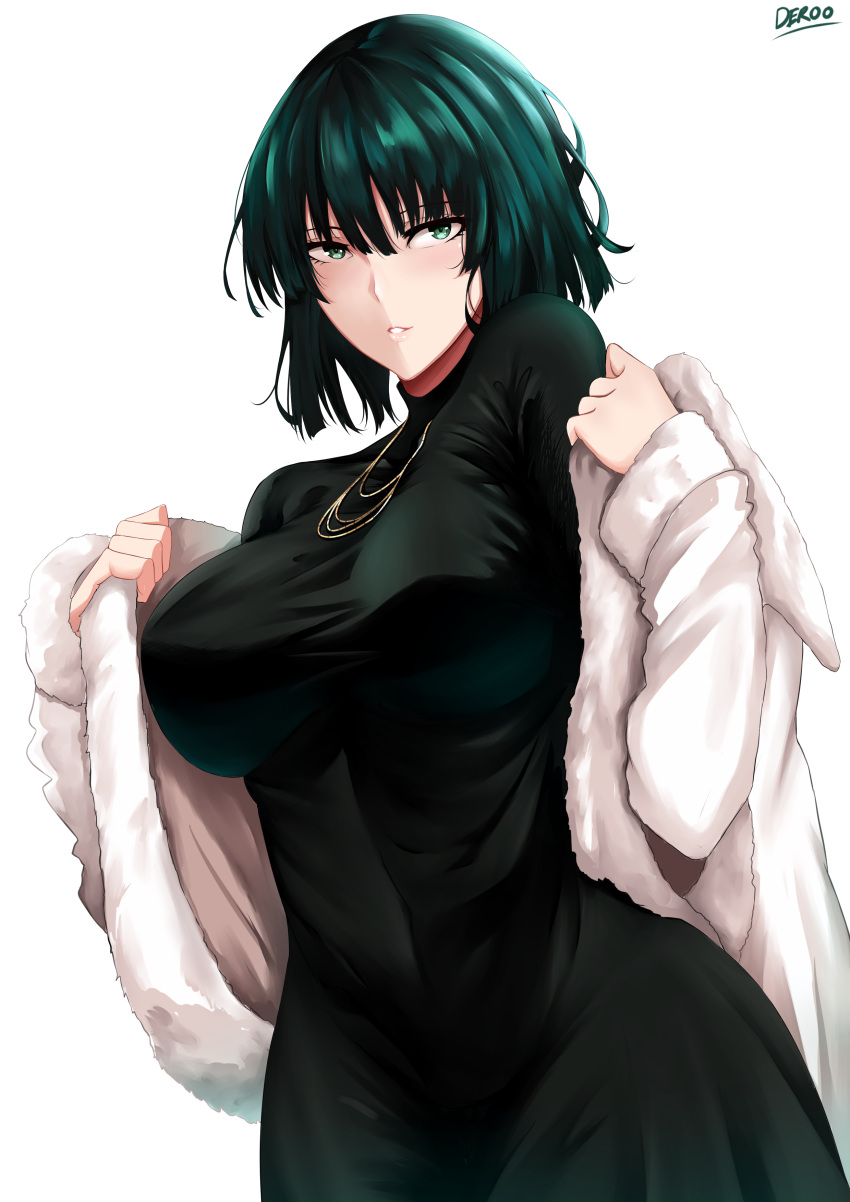 1girl, absurdres, bangs, black_dress, blunt_bangs, blush, breasts, commentary_request