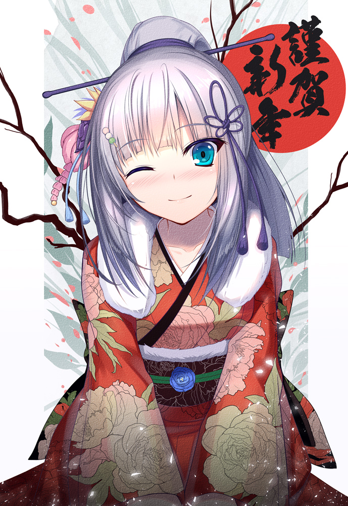 1girl, ;), bangs, blue_eyes, blunt_bangs, blush, breasts, collarbone, commentary_request, eyebrows_visible_through_hair, floral_print, fur_collar, hair_ornament, hair_ribbon, hair_stick, happy_new_year, head_tilt, itsuki_online, itsuki_touka, japanese_clothes, kimono, large_breasts, leaning_forward, long_hair, looking_at_viewer, migumigu, new_year, obi, one_eye_closed, ponytail, red_kimono, ribbon, sash, seiza, sidelocks, sitting, smile, translated, virtual_youtuber