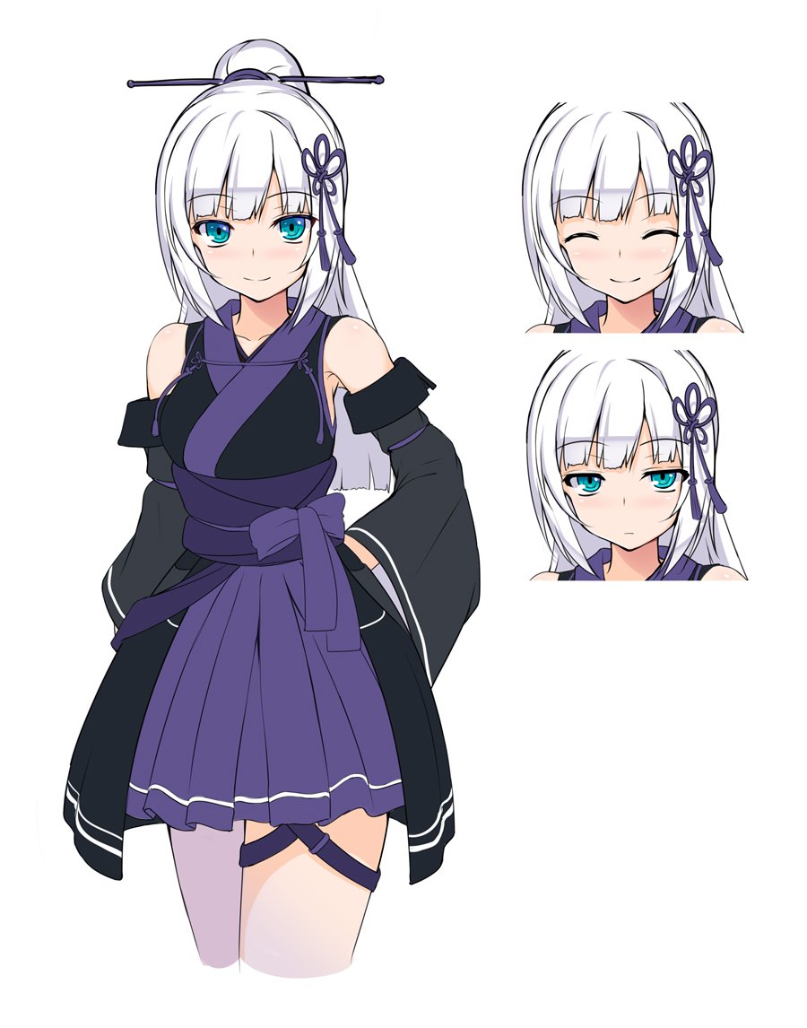 1girl, ^_^, bangs, bare_shoulders, blue_eyes, blunt_bangs, blush, breasts, closed_eyes, collarbone, commentary_request, cropped_legs, detached_sleeves, expressions, eyebrows_visible_through_hair, hair_ornament, hair_ribbon, hair_stick, hakama_skirt, hand_on_hip, itsuki_online, itsuki_touka, japanese_clothes, kimono, large_breasts, long_hair, looking_at_viewer, migumigu, ninja, official_art, ponytail, purple_skirt, ribbon, short_kimono, sidelocks, skirt, smile, virtual_youtuber, white_hair, wide_sleeves
