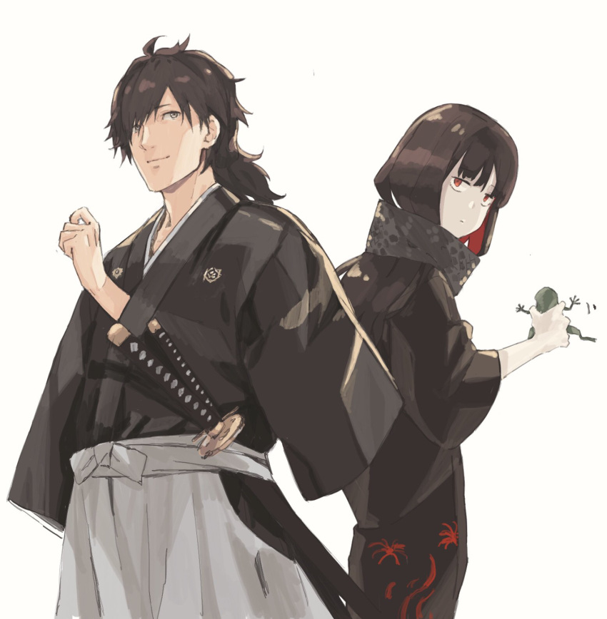 1boy, 1girl, ahoge, animal, bangs, black_hair, black_scarf, closed_mouth