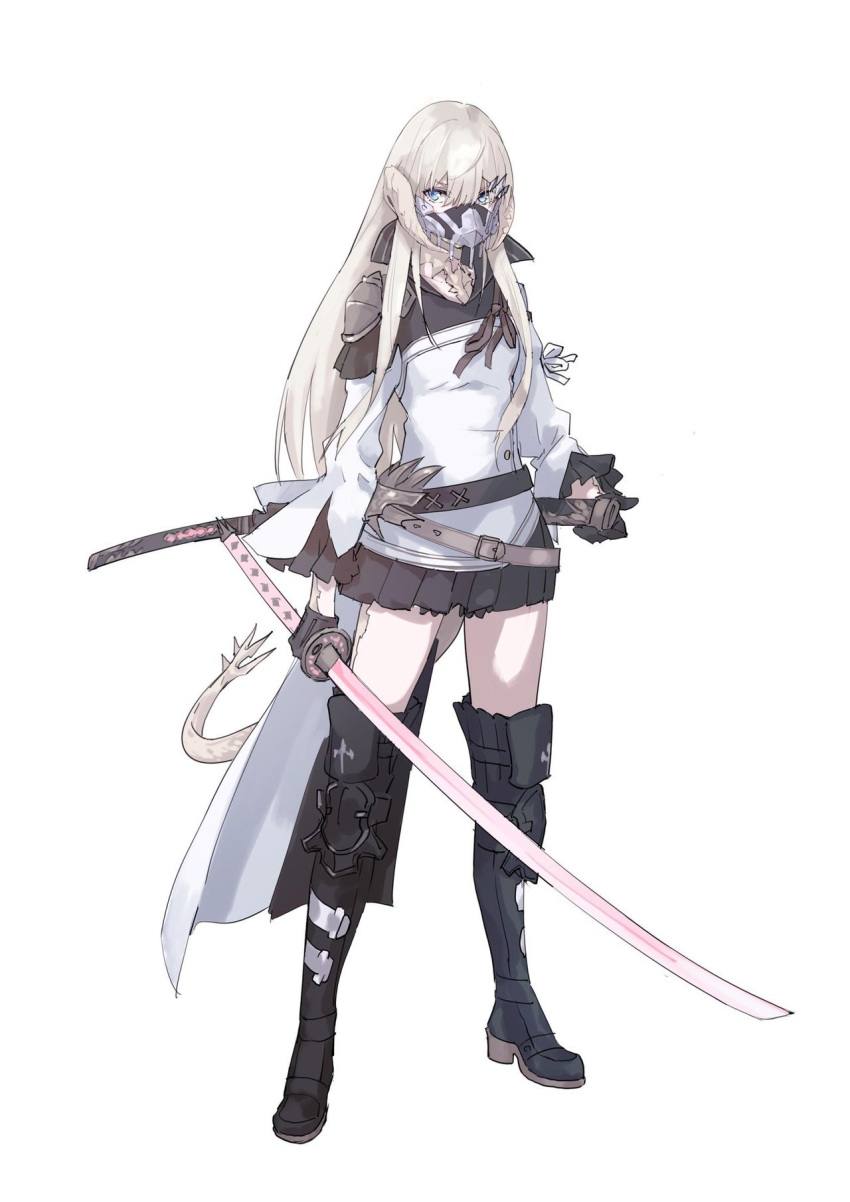 1girl, armor, au_ra, belt, black_gloves, black_legwear, black_skirt, blue_eyes
