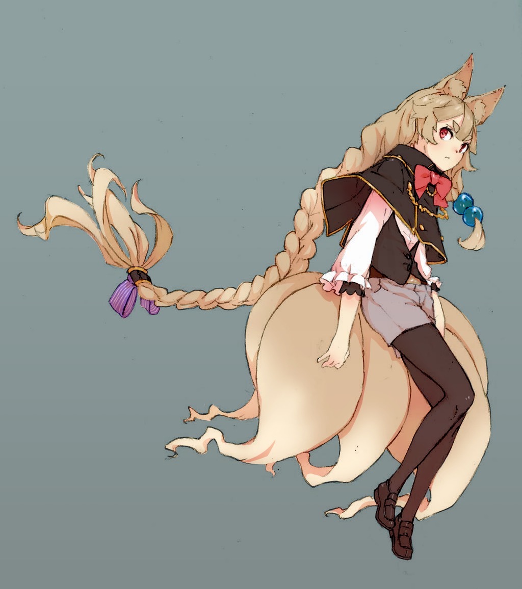 1girl, animal_ears, blue_background, bow, braid, brown_footwear, buttons, closed_mouth