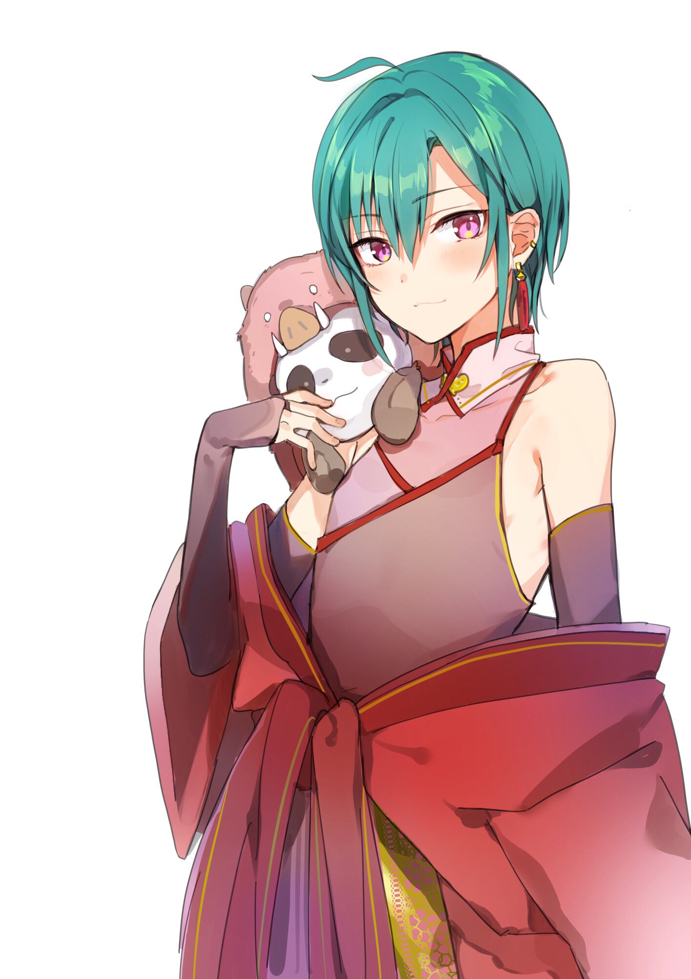 1other, ahoge, androgynous, bad_id, bad_twitter_id, bare_shoulders, blush, boar_hood, earrings, green_hair, highres, jewelry, konbu_wakame, looking_at_viewer, nijisanji, off_shoulder, ryuushen, short_hair, solo, stuffed_animal, stuffed_panda, stuffed_toy, violet_eyes, virtual_youtuber