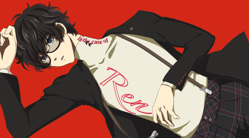 1boy, amamiya_ren, arm_up, black_hair, blazer, clothes_writing, glasses, hand_on_own_stomach