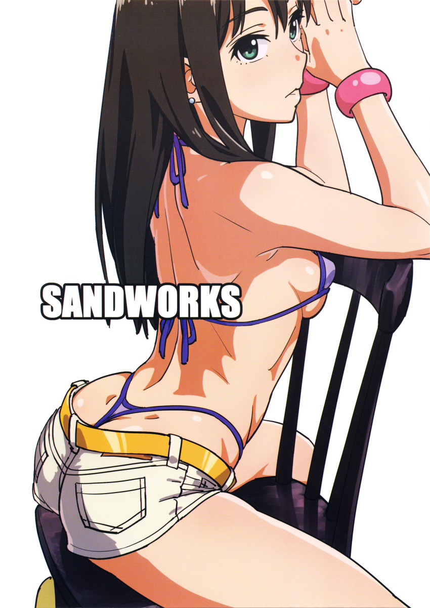 1girl, absurdres, arms_up, ass, bangs, bare_shoulders, belt, bikini, black_hair, blue_hair, bracelet, breasts, chair, earrings, eyebrows_visible_through_hair, from_side, green_eyes, halter_top, halterneck, hands_up, highres, idolmaster, idolmaster_cinderella_girls, jewelry, long_hair, looking_at_viewer, medium_breasts, midriff, parted_lips, purple_bikini, scan, shibuya_rin, shiny, shiny_hair, shiny_skin, shoes, short_shorts, shorts, sideboob, simple_background, sitting, sitting_backwards, solo, suna, swimsuit, t-back, thighs, thong, thong_bikini, whale_tail, white_background