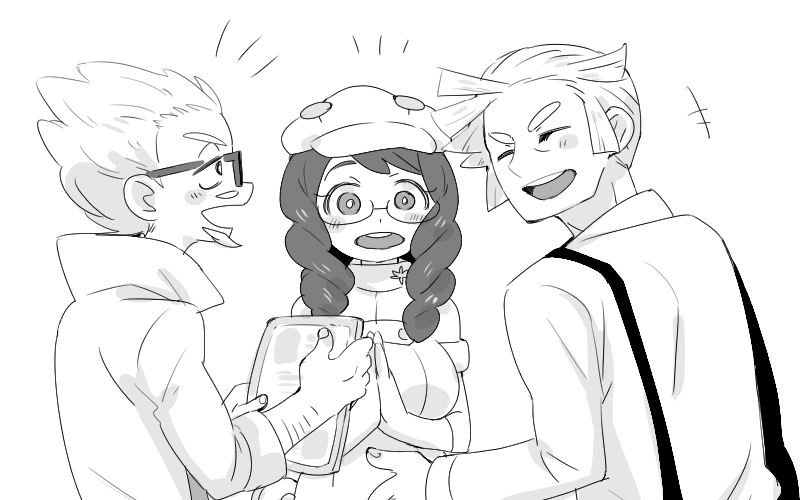 1girl, 2boys, amagaeru_(amapippi052525), black_hair, facial_hair, glasses, hat, labcoat