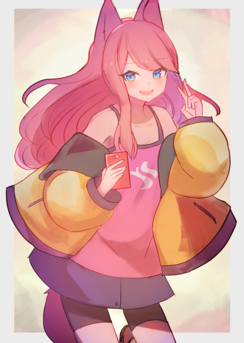 1girl, :d, animal_ears, bike_shorts, blue_eyes, blush, cellphone, commentary, hand_up, jacket, kyuuri24, long_hair, looking_at_viewer, open_mouth, original, phone, pink_hair, pink_shirt, shirt, sleeveless, sleeveless_shirt, smile, solo, standing, tail, v, yellow_jacket