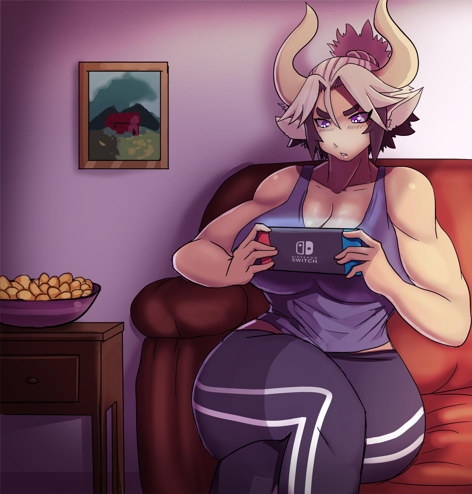 1girl, animal_ears, bowl, breasts, cathyl, couch, cow_ears, cow_girl, cow_horns, crossed_legs, dark_skin, eyes_visible_through_hair, ezzyecchi, hair_between_eyes, highres, horns, huge_breasts, monster_girl, monster_musume_no_iru_nichijou, multicolored_hair, muscle, muscular_female, nintendo_switch, painting_(object), parted_lips, playing_games, short_hair, sitting, solo, sportswear, tall_female, tank_top, thick_eyebrows, thick_thighs, thighs, two-tone_hair, violet_eyes