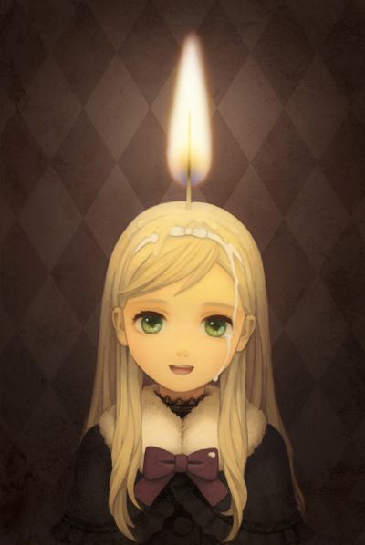 bow, candle, child, creepy, fire, flame, green_eyes, hairband