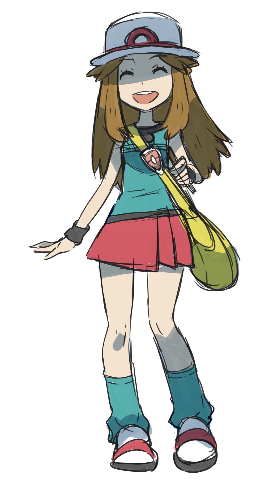 aqua_tank_top, bag, bare_thighs, black_wristband, blue_(pokemon), brown_hair, closed_eyes, handbag