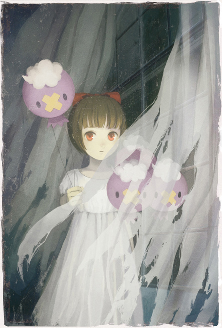 bow, brown_hair, child, curtains, dress, drifloon, kirobaito, nintendo