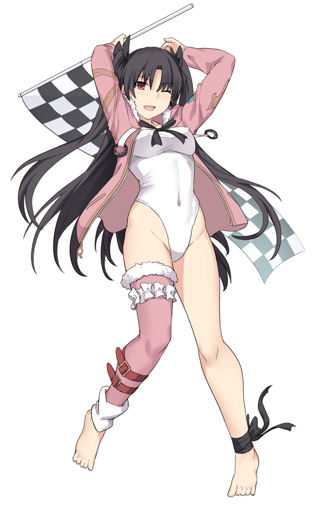 1girl, ;d, ankle_belt, ankle_ribbon, arms_behind_head, arms_up, bangs, barefoot