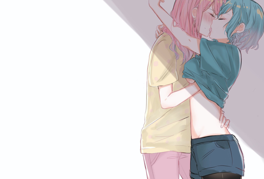 2girls, aqua_hair, aqua_shirt, bang_dream!, bangs, blush, breasts, closed_eyes