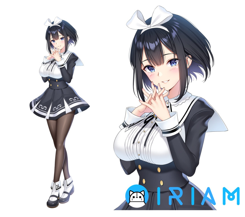 1girl, bangs, black_hair, blue_eyes, blush, bow, bowtie, breasts