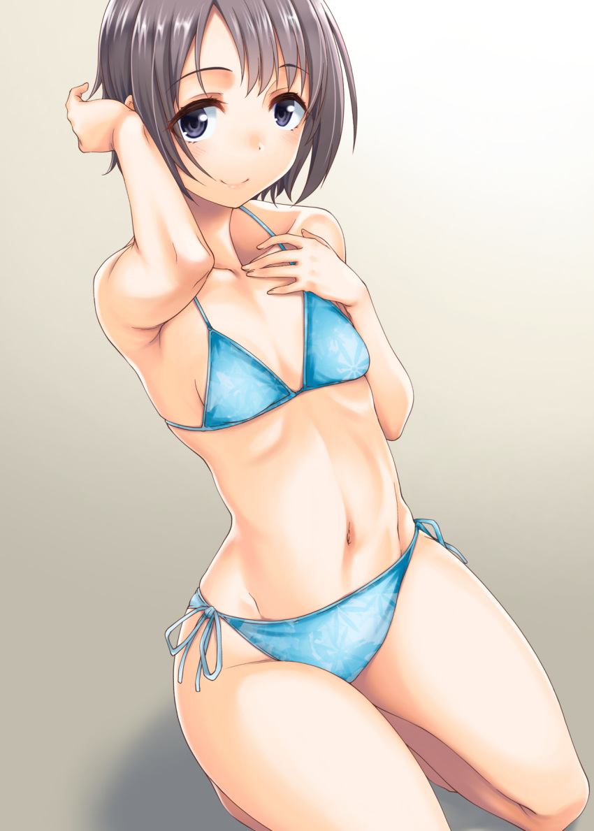 1girl, arm_up, bikini, black_eyes, blue_bikini, collarbone, cowboy_shot, flat_chest