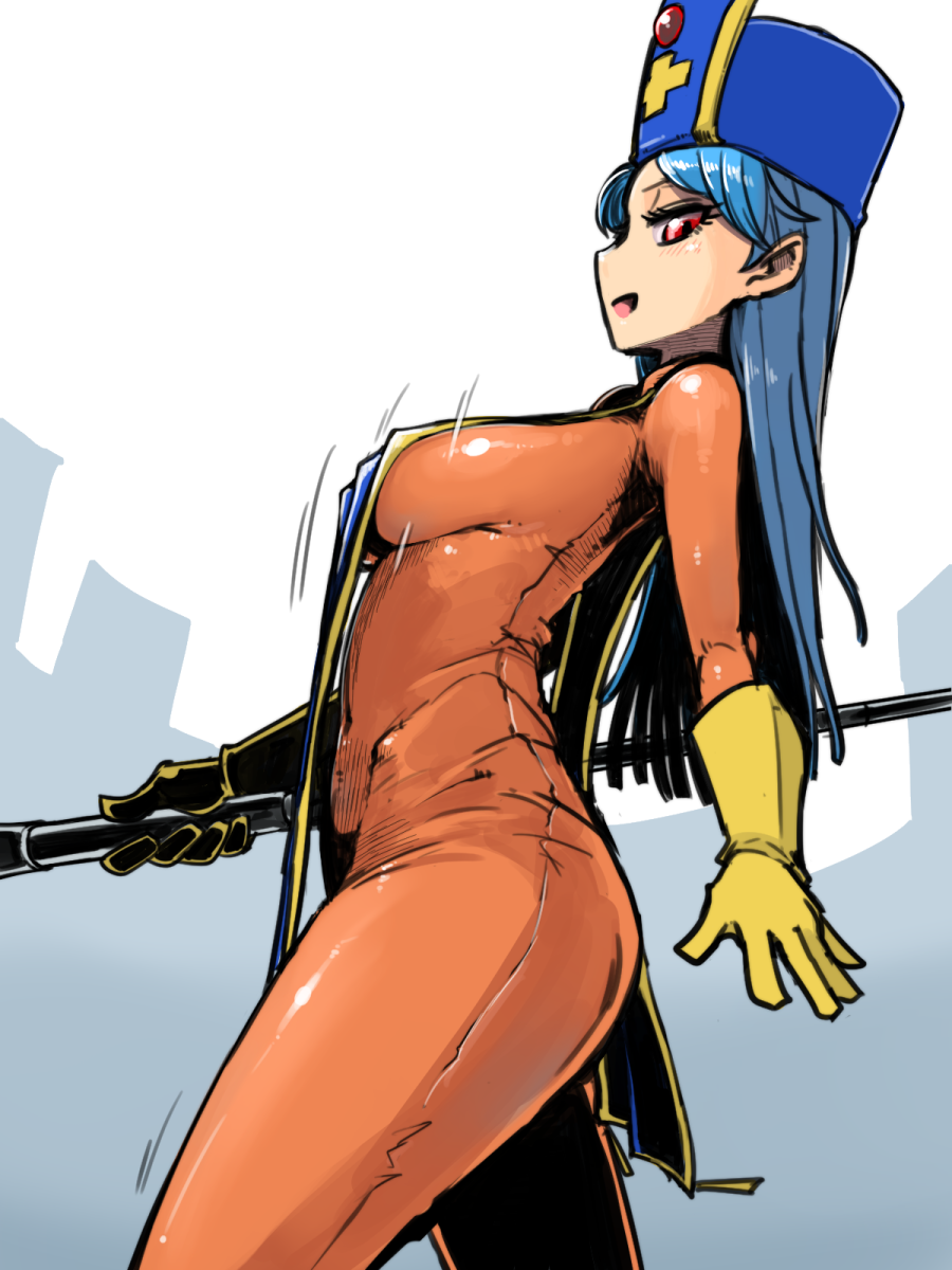 1girl, :d, blue_hair, blue_headwear, blush, bodysuit, bouncing_breasts, breasts