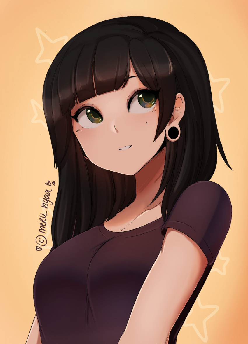 1girl, bangs, black_hair, blunt_bangs, breasts, collarbone, commentary, copyright_name