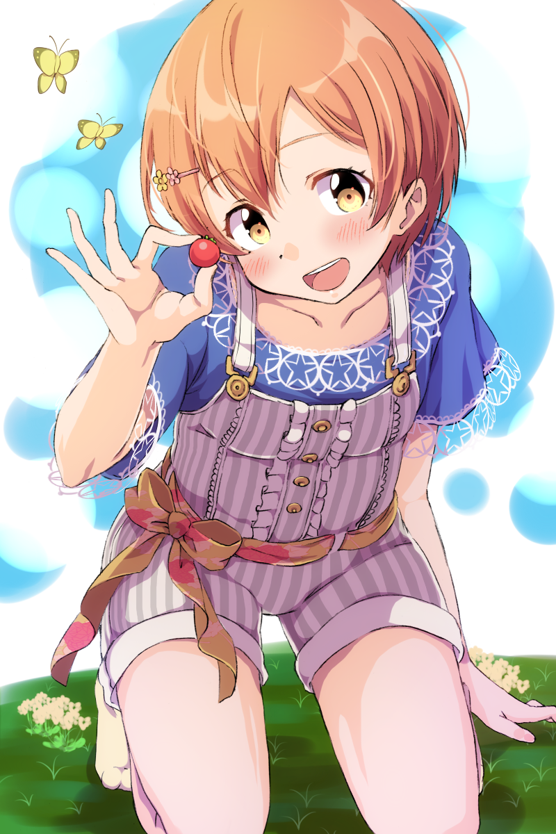 1girl, :d, blue_shirt, blush, bug, butterfly, center_frills, collarbone, commentary_request, day, hair_ornament, hairpin, highres, holding, hoshizora_rin, insect, kneeling, lace-trimmed_sleeves, looking_at_viewer, love_live!, love_live!_school_idol_project, on_ground, open_mouth, orange_hair, outdoors, overall_shorts, overalls, red_ribbon, ribbon, sen_(sen0910), shirt, short_hair, short_sleeves, smile, socks, solo, striped, vertical-striped_overalls, vertical_stripes, yellow_eyes, yellow_legwear