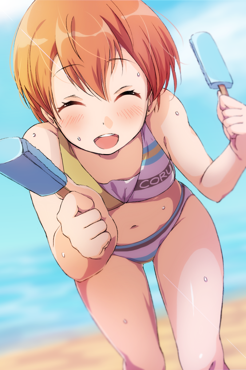 1girl, :d, ^_^, ascii_media_works, beach, bikini, blurry, blurry_background