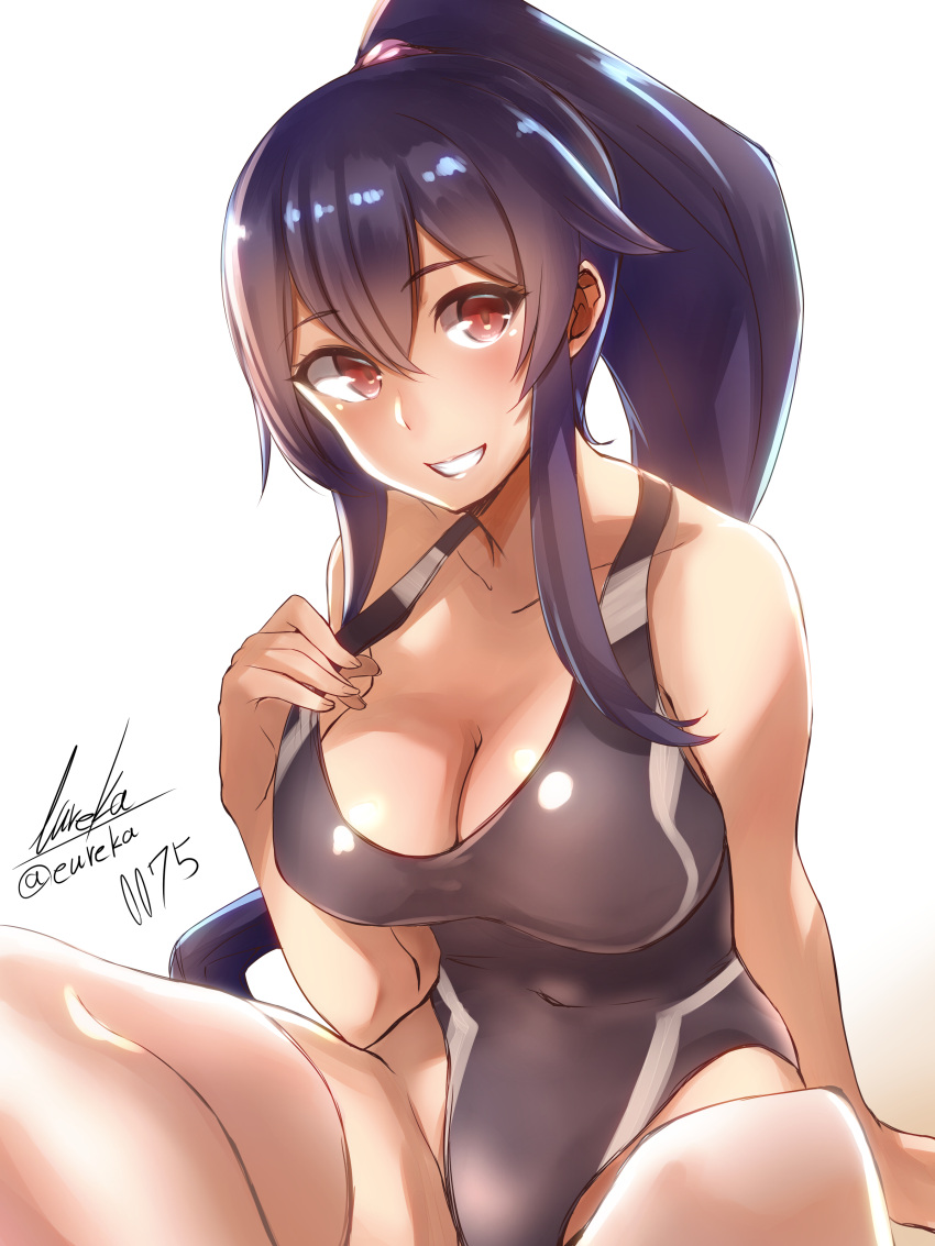 1girl, absurdres, alternate_costume, black_hair, blush, closed_mouth, commentary_request, competition_swimsuit