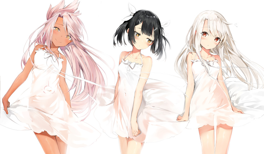 3girls, bangs, bare_arms, bare_shoulders, black_hair, blush, bow, breasts