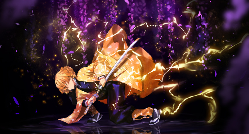 1boy, agatsuma_zenitsu, blonde_hair, closed_eyes, flower, from_side, full_body, highres