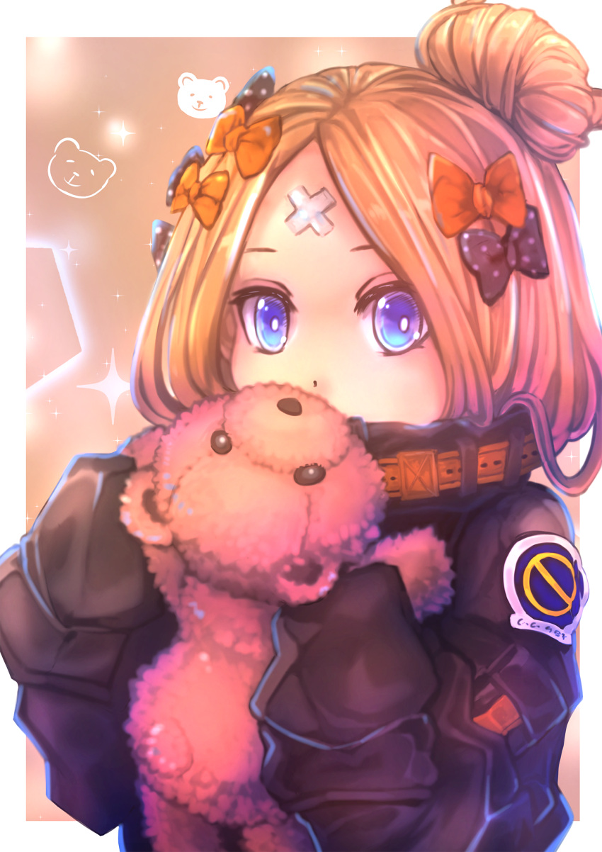 1girl, abigail_williams_(fate/grand_order), bangs, black_bow, black_jacket, blonde_hair, blue_eyes, bow
