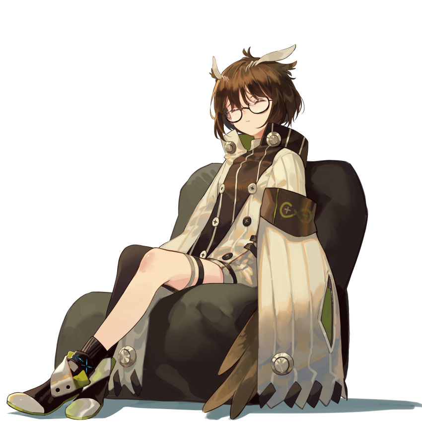 1girl, absurdres, animal_ears, arknights, black_legwear, brown_hair, chair, closed_eyes