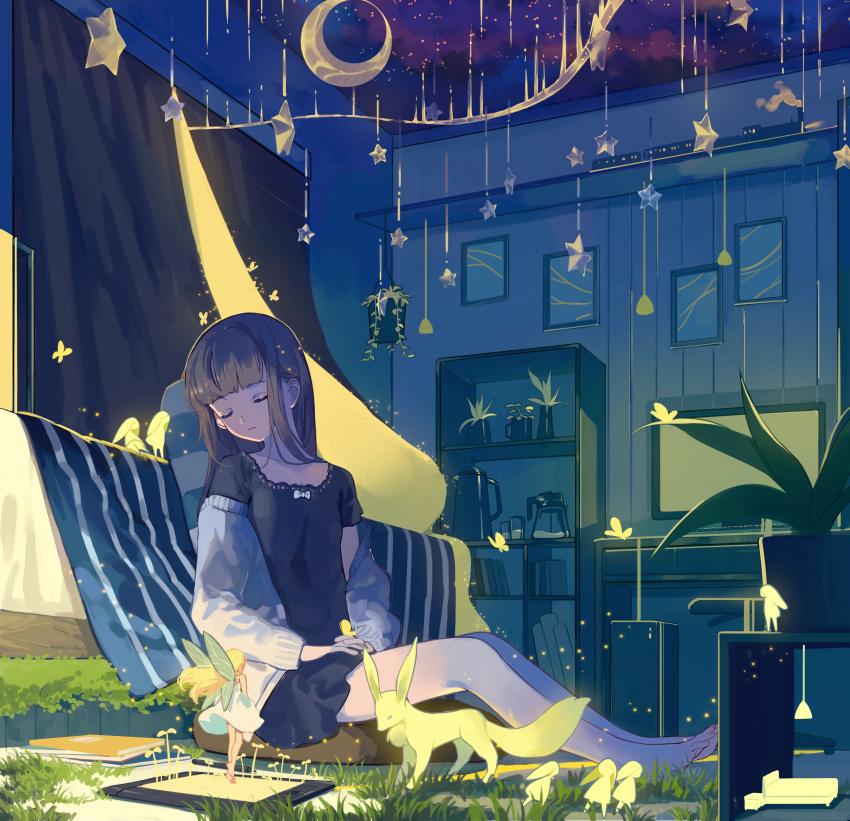 2girls, absurdres, bare_legs, barefoot, bed, black_dress, brown_hair, closed_eyes