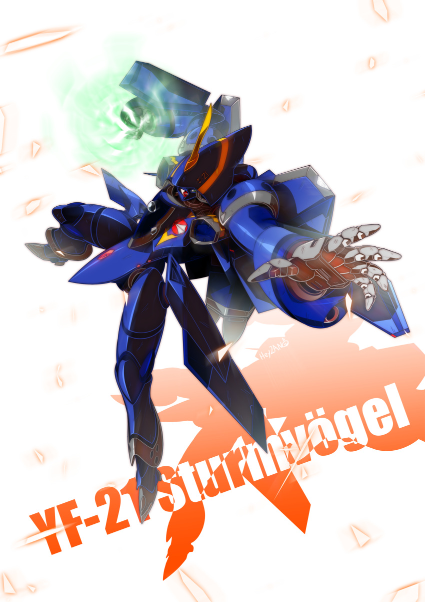 absurdres, aerial_battle, arm_cannon, battle, canopy, character_name, clenched_hand, commentary_request, dogfight, energy, energy_ball, energy_cannon, energy_gun, flying, glowing, glowing_eye, heyzan, highres, machinery, macross, macross_plus, mecha, open_hand, pin-point_barrier_system, radio_antenna, reaching_out, red_eyes, roundel, science_fiction, shadow, shield, shiny, simple_background, solo, u.n._spacy, variable_fighter, weapon, yf-21