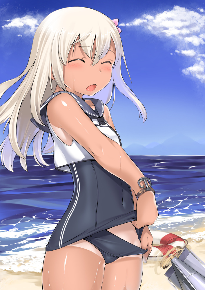 1girl, bangs, bare_shoulders, beach, blue_sky, blue_swimsuit, blush, bracelet