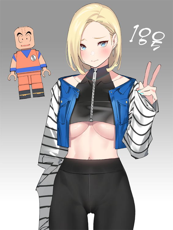 1boy, 1girl, android_18, aqua_nails, black_pants, blonde_hair, blue_eyes, blush, breasts, closed_mouth, collarbone, cowboy_shot, crop_top, cropped_jacket, dragon_ball, dragon_ball_z, earrings, gradient, gradient_background, grey_background, hand_up, high-waist_pants, jacket, jewelry, kuririn, large_breasts, lego_minifig, long_sleeves, looking_at_viewer, midriff, nail_polish, navel, open_clothes, open_jacket, pants, pop_kyun, short_hair, sleeveless, standing, striped, thigh_gap, under_boob, v, white_background, zipper, zipper_pull_tab
