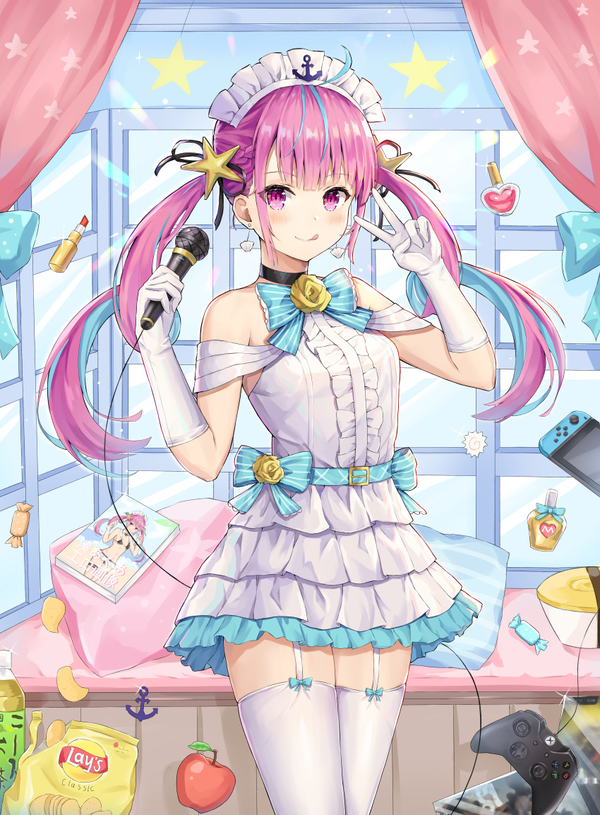 1girl, :q, absurdres, ahoge, apple, bare_shoulders, belt, bikini