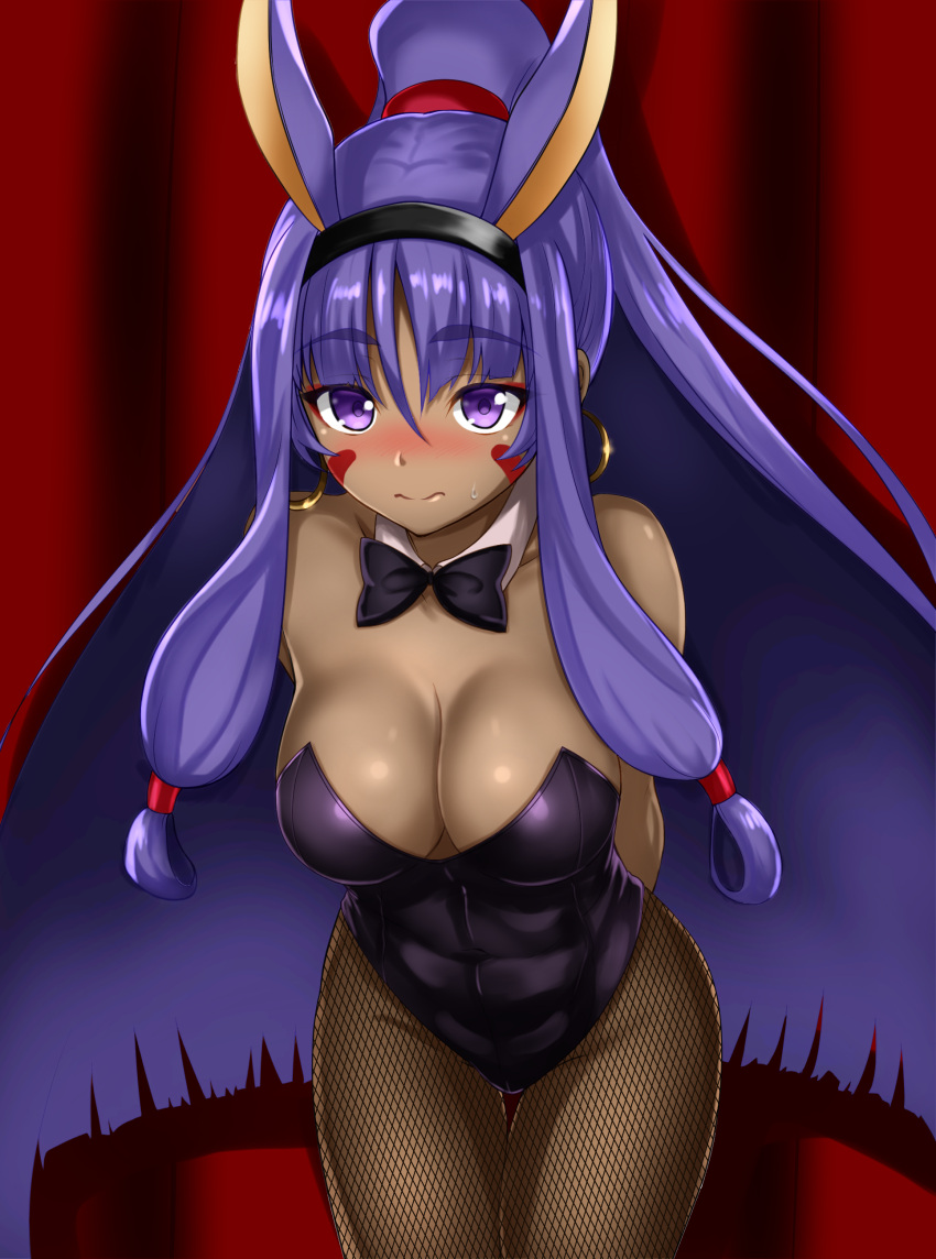 1girl, absurdres, animal_ears, bare_shoulders, black_leotard, blush, bow, bowtie