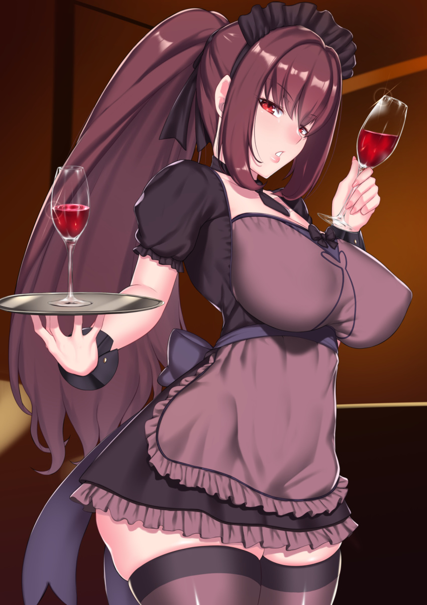 1girl, alcohol, alternate_costume, apron, aster_crowley, bangs, black_dress, black_legwear