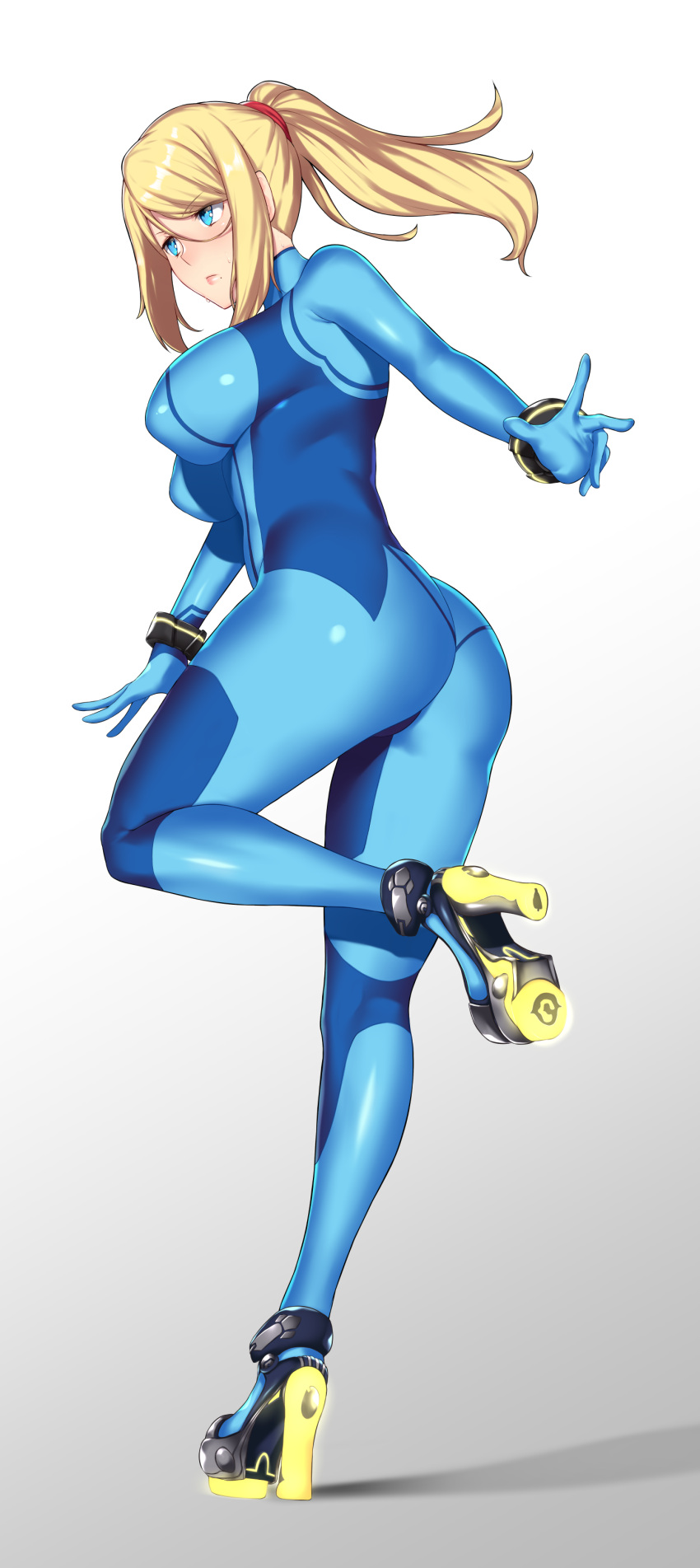 1girl, absurdres, ass, aster_crowley, back, bangs, blonde_hair, blue_bodysuit, blue_eyes, blush, bodysuit, boots, breasts, closed_mouth, elbow_gloves, eyebrows_visible_through_hair, full_body, gloves, gradient, gradient_background, hair_tie, high_heel_boots, high_heels, high_ponytail, highres, large_breasts, leg_up, lips, long_hair, looking_to_the_side, metroid, mole, mole_under_mouth, paid_reward, patreon_reward, ponytail, samus_aran, sidelocks, simple_background, skin_tight, solo, standing, standing_on_one_leg, sweat, swept_bangs, tight, wristband