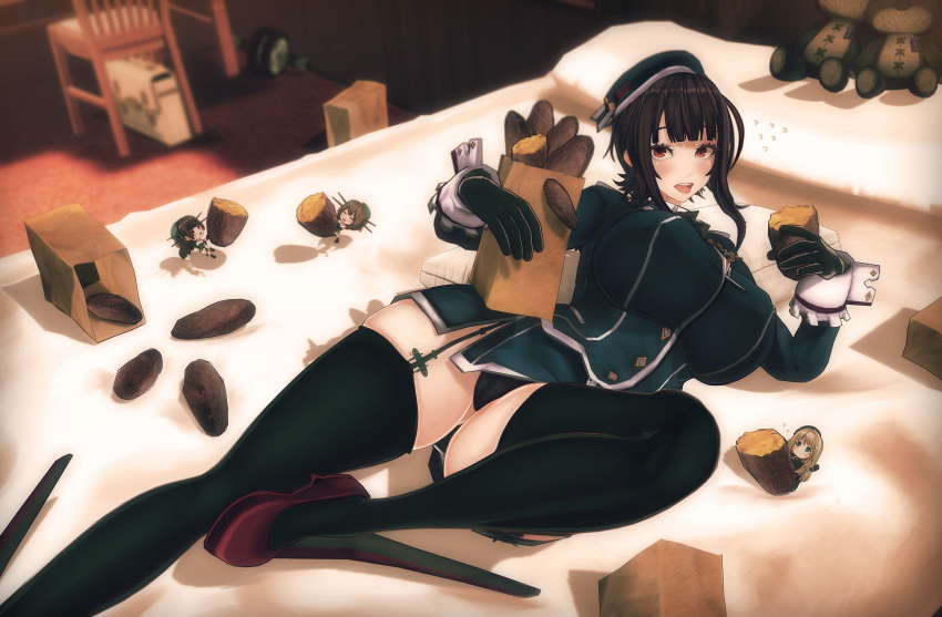3d, 4girls, absurdres, atago_(kantai_collection), bag, bangs, bed, black_gloves