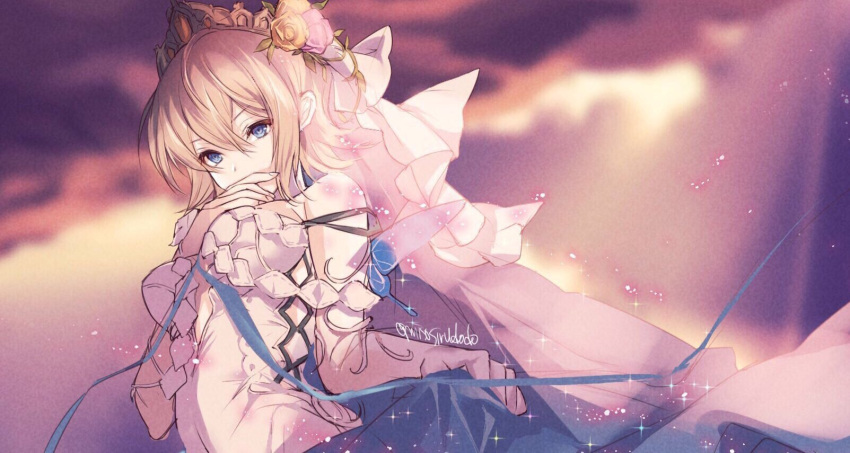 bare_shoulders, blonde_hair, blue_eyes, covering_mouth, dress, europa_(granblue_fantasy), flower, granblue_fantasy
