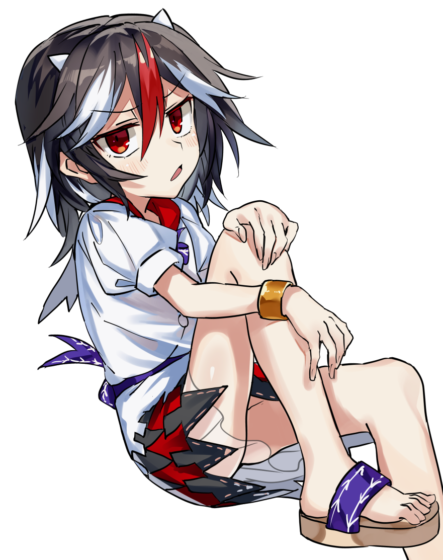 1girl, bangs, black_hair, blush, d:, directional_arrow, eyebrows_visible_through_hair, hair_between_eyes, hand_on_own_knee, horns, kijin_seija, looking_at_viewer, manarou, medium_hair, multicolored_hair, open_mouth, puffy_short_sleeves, puffy_sleeves, red_eyes, redhead, sandals, shirt, short_sleeves, skirt, solo, streaked_hair, touhou, v-shaped_eyebrows, white_background, white_hair, white_shirt, wristband