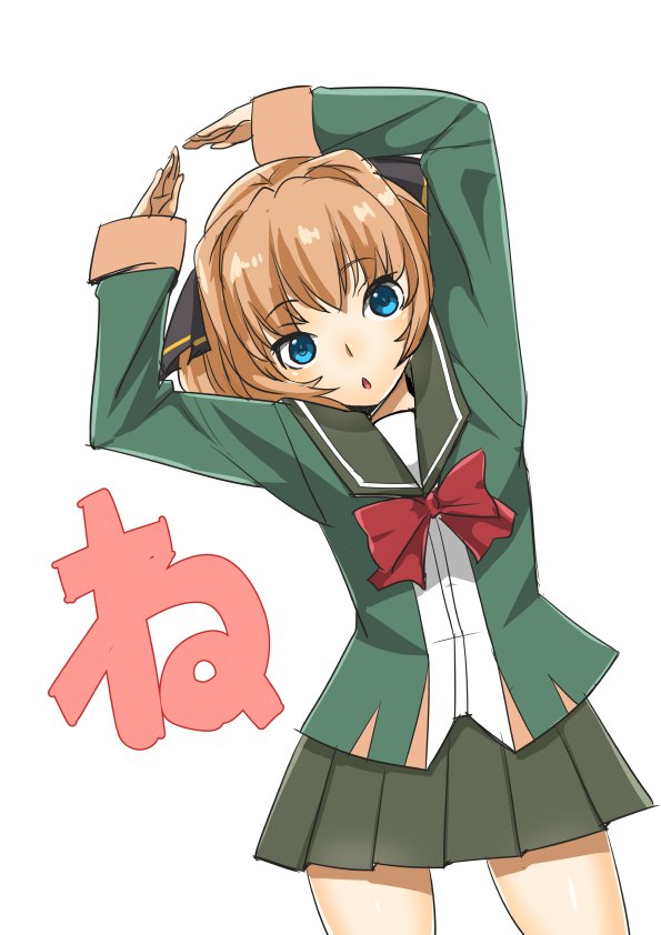 1girl, arms_up, black_ribbon, blue_eyes, brown_hair, chestnut_mouth, commentary_request, cowboy_shot