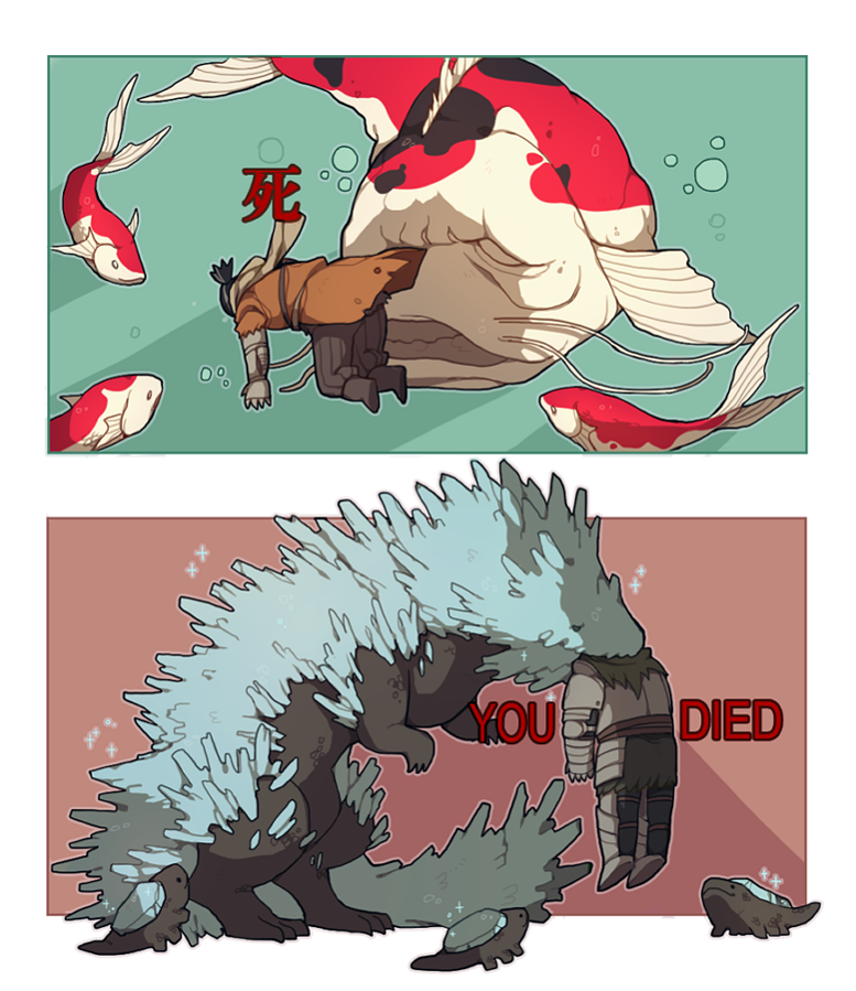 armor, ashen_one_(dark_souls_3), bubble, carp, crystal_lizard, dark_souls_iii, death, eating
