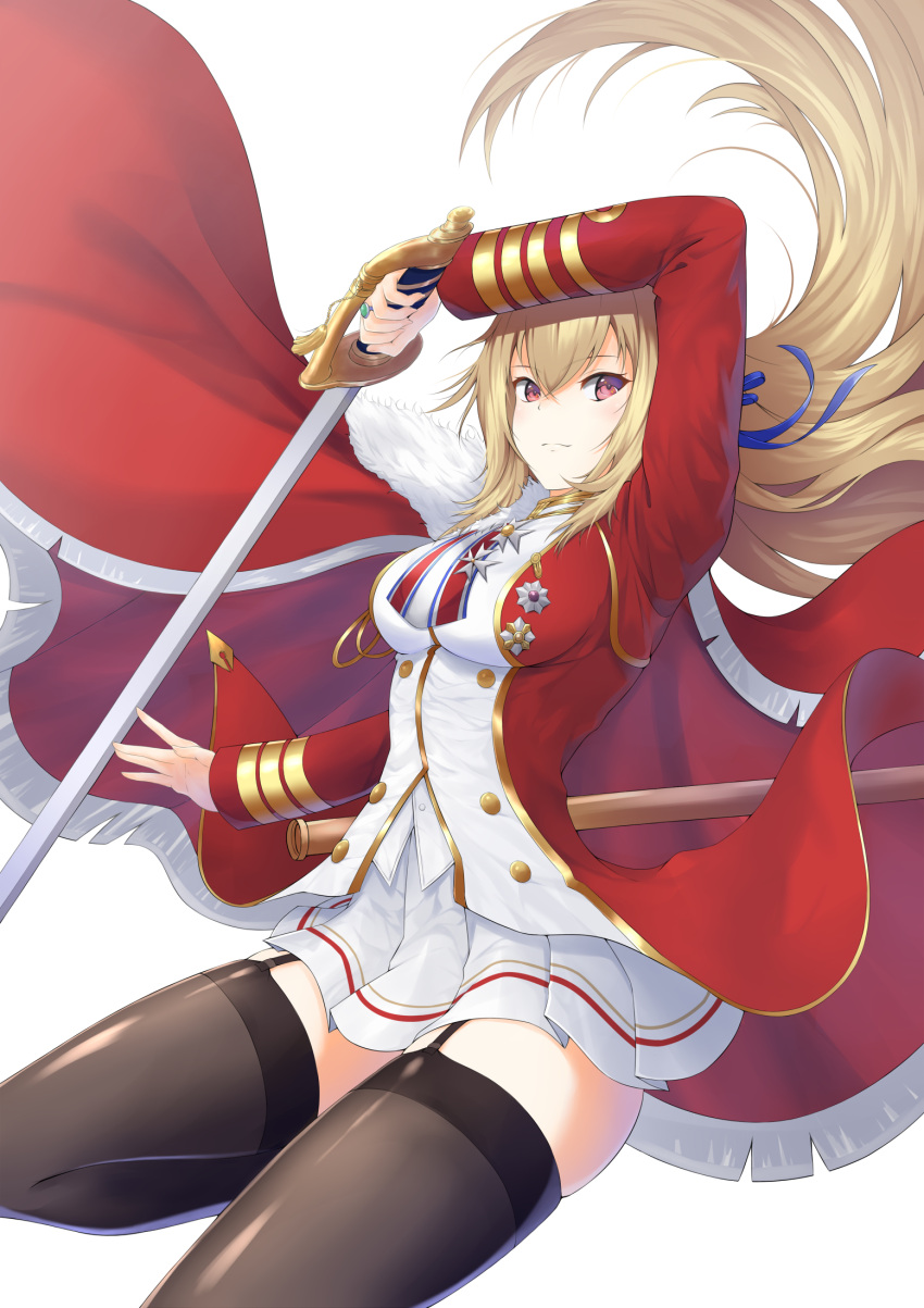 1girl, azur_lane, black_legwear, blonde_hair, breasts, cape, coat, cowboy_shot