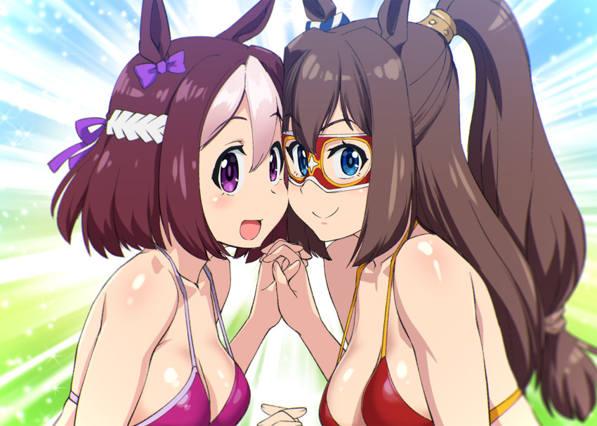 2girls, animal_ears, bikini_top, blue_eyes, bow, breasts, brown_hair, el_condor_pasa
