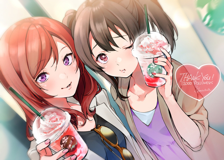 2girls, artist_name, bangs, beige_jacket, black_hair, black_shirt, brown_jacket, collarbone, cup, cup_to_cheek, drinking_straw, eyewear_hang, followers, highres, holding, holding_cup, jacket, kate_iwana, looking_at_viewer, love_live!, love_live!_school_idol_project, medium_hair, multiple_girls, nail_polish, nishikino_maki, one_eye_closed, parted_lips, pink_nails, product_placement, purple_shirt, red_eyes, red_nails, redhead, shirt, signature, smile, starbucks, sunglasses, twintails, upper_body, violet_eyes, yazawa_nico